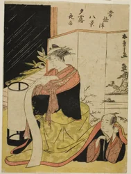 Kurtisanen Yugiri og hendes elsker Fujiya Izaemon, fra serien "Tokiwazu Hakkei"