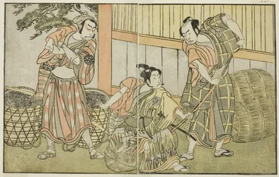 Stykket Kuni no Hana Ono no Itsumoji, opført på Nakamura-teatret i den ellevte måned, ca. 1772 (træsnit)