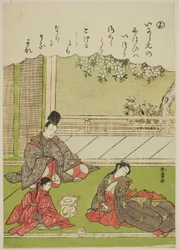 "Yo": En mand møder en tidligere elsker, der nu tjener i en provinshusholdning, fra serien "Tales of Ise in Fashionable Brocade Pictures (Furyu nishiki-e Ise monogatari)"