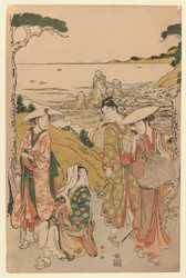 Et selskab af pilgrimme fra Yedo uden for et tehus på bakkerne bag Futami-stranden, der beundrer udsigten, 1795 (træblok i farver)