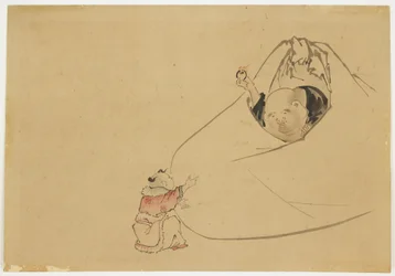 Hotei tilbyder flammende juvel til en lille dreng, ca. 1850 (blæk og farve på papir)