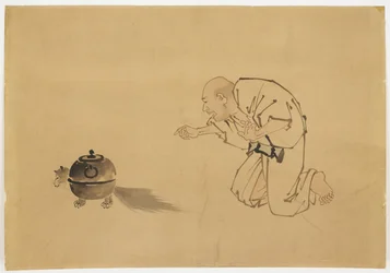 Illustration til "Tanuki tekedel", ca. 1850 (blæk og farve på papir)