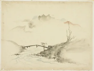 Landskab med Farmer Crossing Bridge, 1615-1868 (blæk og farve på papir)