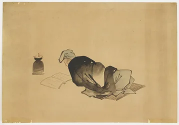 Liggende mand læser af Lamplight, ca. 1850 (blæk og farve på papir)