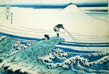 "A Fisherman Standing on a Rocky Promontory at Kajikazawa in Kai Province", fra serien "36 Views of Mt.Fuji", pub. ca. 1830-31,