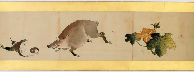 Detalje af Handscroll med diverse billeder, Edo Periode, 1839 blæk og farve på papir
