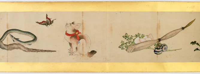 Detalje af Handscroll med diverse billeder, Edo Periode, 1839 blæk og farve på papir