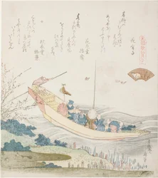 Færgebåd på Sumida-floden, illustration til Capital Shell (Miyako-gai), fra serien "A Matching Game with Genroku-period Poem Shells (Genroku kasen kai awase)"