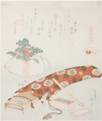 Koto og nytårstilbud, illustration til The Akoya Beach Shell (Akoyagai), fra serien, A Matching Game with Genroku-period Poem Shells