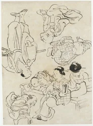 Diverse figurer: sommerfornøjelser, figurer siddende på verandaen og (nederste) samurai, Edo-perioden (blæk på papir)