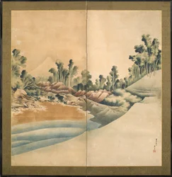 Mount Fuji og Enoshima, Edo-perioden, ca. 1825 (blæk og farve på papir)