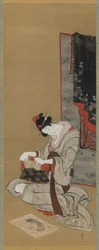 Nytårsbrug: Makeup på nytårsmorgen, Edo-periode, ca. 1806-11 (blæk og farve på silke)