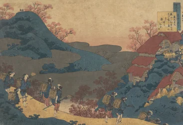 Digt af Sarumaru Dayu, fra serien One Hundred Poems Explained by the Nurse Hyakunin ..., 1839.