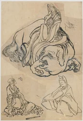 Forberedende skitse til The Courtesan Eguchi som Bodhisattva Fugen..., Edo-perioden, c1806-1811.