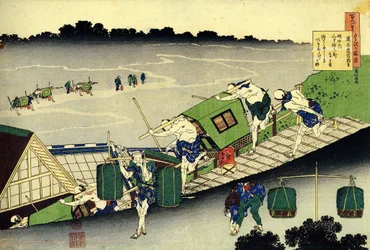 Serie på hundrede digte af hundrede digtere: ""Fujiwara no Michinobu Ason"" Små sedankabiner - Tryk af Katsushika Hokusai (1760-1849) (ukiyo-e skole) omkring 1830 State Hermitage Sankt Petersborg