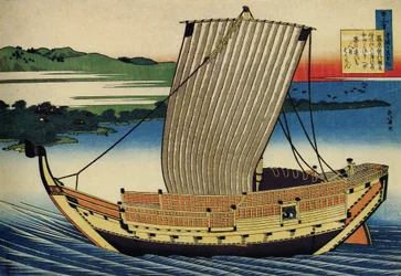 Serie de cent poems de cent poetes: ""Fujiwara no Toshiyuki"" bateau, Japon - Estampe de Katsushika Hokusai (1760-1849) (ecole ukiyo-e) vers 1830 State Hermitage Saint Petersbourg