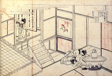 Serie på hundrede digte af hundrede digtere: ""Shikishi Naishinno"" Japanske kvinder sover i et interiør - Tryk af Katsushika Hokusai (1760-1849) (ukiyo-e skole) ca. 1830 State Hermitage Saint Petersburg