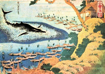 Serie af tusinde udsigter over havet: hvalen ud for Goto-øerne, Japan - Tryk af Katsushika Hokusai (1760-1849) (ukiyo-e skole) 1830-1833 State A Pushkin Museum of Fine Arts, Moskva