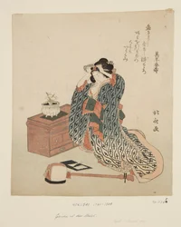 Shamisen Player Adjusting Her Hair (farvet træbloktryk)