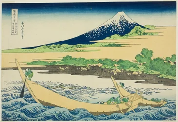 Tagonoura Bay nær Ejiri på Tōkaidō (Tōkaidō Ejiri Tagonoura ryakuzu), fra serien Thirty-Six Views of Mount Fuji (Fugaku sanjūrokkei)
