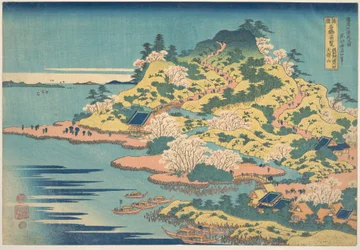 Tenpōzan ved mundingen af Aji-floden i Settsu-provinsen (Sesshū Ajikawaguchi Tenpōzan), fra serien »Bemærkelsesværdige udsigter over broer i forskellige provinser« (Shokoku meikyō kiran)