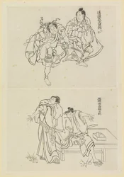 To scenescener, en med to samuraier og en med to figurer ved et bord