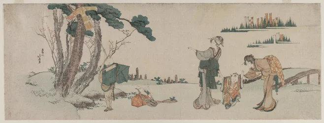 Kvinder, der distraherer et barn, hvis drage er fanget i et træ, ca. 1800.