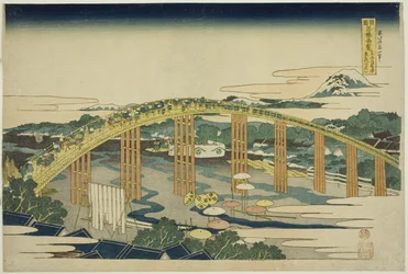 Yahagi Bridge ved Okazaki på Tokaido (Tokaido Okazaki Yahagi no hashi), fra serien "Usædvanlige udsigter over berømte broer i forskellige provinser (Shokoku meikyo kiran)"