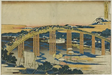Yahagi-broen ved Okazaki på Tokaido (Tokaido Okazaki Yahagi no hashi), fra serien "Usædvanlige udsigter over berømte broer i forskellige provinser (Shokoku meikyo kiran)"