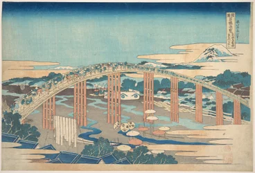 Yahagi-broen ved Okazaki på Tōkaidō (Tōkaidō Okazaki Yahagi no hashi), fra serien »Bemærkelsesværdige udsigter over broer i forskellige provinser« (Shokoku meikyō kiran)