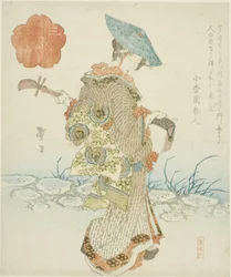 Omrejsende kvindelig musiker, fra triptykonet "Series of Three (Sanbantsuzuki)"