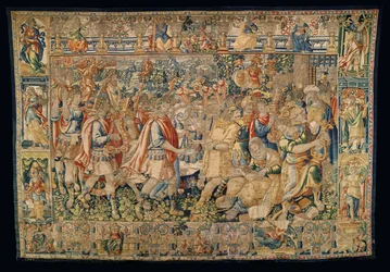 Sogns museum for gobeliner (Pastrana Parish Museum of Tapestries). flamsk gobelin. Karl den Store, triumferende indtog i Carmania (Alexander den Store, triumferende indtog i Carmania).