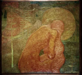 Skitse til en fresco. Bøn. (Skitse til et freskomaleri; Bøn). En nøgen karakter, i et skovlandskab, er krøllet sammen under hans aureole. Værk af Kasimir Severinovich Malevitch (Malevich, Malevic) (1878-1935), tempera på pap