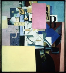Dame au poste de poster (Dame ved plakatposten). Værk af Kasimir Severinovich Malevitch (Malevich, Malevic) (1878-1935), olie på lærred og collage