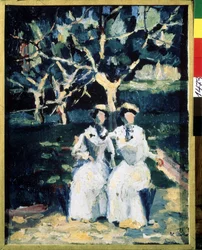 To kvinder i haven (To kvinder i haven). Maleri af Kasimir Severinovich Malevich (Malevich, Malevic) (1878-1935), olie på lærred, ca. 1930. Russisk kunst, 20. århundrede, moderne kunst. Det russiske statsmuseum, Sankt Petersborg.