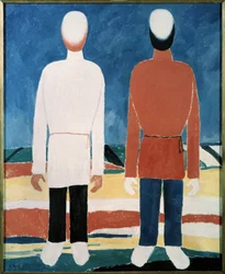 To mandsfigurer (To mandlige figurer). Maleri af Kasimir Severinovich Malevich (Malevich, Malevic) (1878-1935), olie på lærred