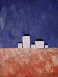 Landskab med fem huse, ca. 1932