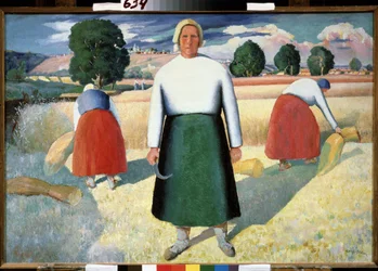 Høstmaskiner. (høstere). Scene med landbrugsarbejde, bøjede kvinder laver kornskiver på marken, en stående arbejder holder en lille segl vendt mod solen. Maleri af Kasimir Severinovich Malevich (Malevich, Malevic) (1878-19