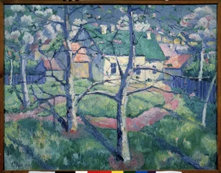 Æbletræer blomstrer. Landskab om sommeren, et par huse, en sti, træer. Maleri af Kasimir Severinovich Malevich (Malevich, Malevic) (1878-1935), olie på lærred