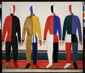 Atleter (Idrætsudøvere). Fire mænd iført farverigt sportstøj. Maleri af Kasimir Severinovich Malevich (Malevich, Malevic) (1878-1935), olie på lærred