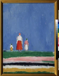 Tre figurer (tre figurer). En mor med to børn, repræsenteret bagfra. Maleri af Kasimir Severinovich Malevitch (Malevich, Malevic) (1878-1935), olie på lærred 1913 eller efter 1927. Russisk kunst, 20. århundredes avantgarde, suprematisme. Samling s