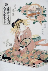 Courtesane Hanamurasaki fra Tamaya tehus med vifte i hånden, Ca 1830, Ukiyo-e kunsttryk af Keisai Eisen (1790-1848), Oban-tate-e træsnit, 38,5 x 26 cm, japansk civilisation