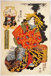 Kurtisane Hanaogi fra Ogiya-huset ved kurtisanernes forårsparade, omkring 1830, ukiyo-e kunsttryk af Keisai Eisen (1790-1848), Oban tate-e træsnit, 38,5 x 25. 7 cm, japansk civilisation, Edo-periode