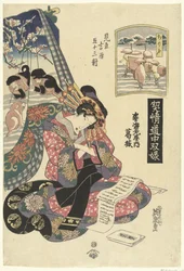 Courtesane Katsuragi fra Sugata Ebiya-huset sammenlignet med Chirifu-stationen. Sugata Ebiya uchi Katsuragi, Chirifu (titel på objekt) Rejsespil med kurtisaner; de 53 stationer i Tokaido sammenlignet med Yoshiwara. (serietitel) Keisei