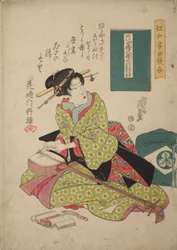 Kvinde, der sætter en streng på en shamisen, fra serien: Musikalsk konkurrence i Edo i shamisen-spil - Edo ongyoku uta-awase