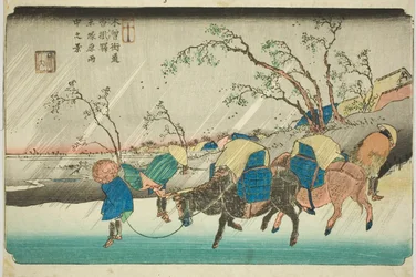 Nr. 20: Regn på Hiratsuka-sletten nær Kutsukake Station (Niju: Kutsukake no eki, Hiratsukahara uchu no kei), fra serien "[Sixty-nine Stations of the] Kisokaido (Kisokaido [rokujukyu tsugi no uchi])"