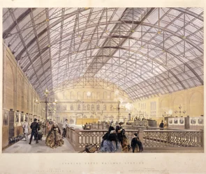 Interiør af Charing Cross Station, der viser tog og jerntaget, London, c1890