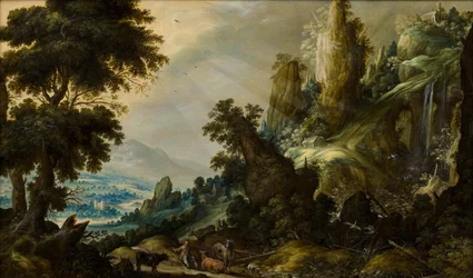 Bjerglandskab med vandfald, 1605-1609