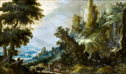 Bjerglandskab med vandfald af Keuninck, Kerstiaen, de (ca.1560-1633)
