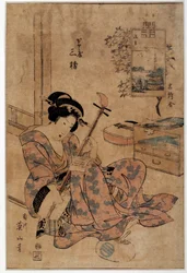 Art japan: musiker. Tryk af Eizan Kikugawa (1787-1867) Rennes fra det 18. århundrede, Musee des Beaux Arts